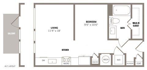 Floor plan for studio, 1 bath, 558 sqft